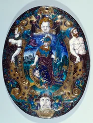 Malt emaljebrett som representerer Minerve på landskapsbakgrunn laget av Jean Court dit Vigier (1500-tallet) (maler enamailleur ved LIMOGES) Paris, Louvre-museet