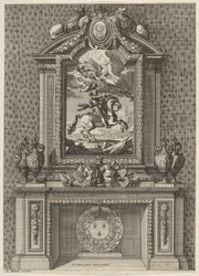 Skorstein med et maleri av Louis XIV over mantelen, fra 