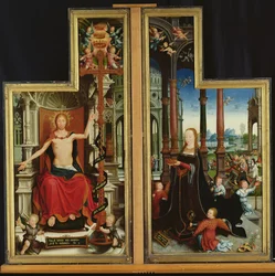 Polyptych of the glorification of the Holy Trinity, paneler som viser Kristus på tronen og jomfruen, 1509-15