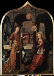 ""representasjon av kunngjøringen med skytshelgen Guillaume av Brussel"" Sentralpanel i kunngjøringens triptyk (Bebudelsen). Maleri på tre av Jean Bellegambe den eldre (1470-1534) St. Petersburg, Eremitagemuseet