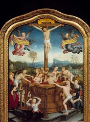 Det mystiske badet. Ved foten av korset som Kristus er korsfestet på, bader menn og kvinner i en kilde av blod fra Messias legeme. Sentral del av triptyken. Maleri på tre av Jean Bellegambe den eldre (1470-1535) 1510-1520 Søn. 0,81x0