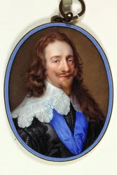 Kong Charles I i lilla svart habit med blondekrage og blått strømpebånd