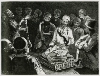 Persisk historieforteller omgir sitt publikum. Gravering av den reisende forfatteren, for å illustrere historien "" Persia, Chaldee og Susiane""