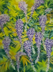 Blåregnblomster og bladverk 1, 2023 (pastell på papir)