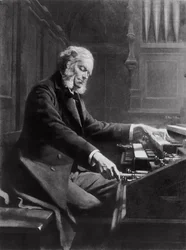 Cesar Franck ved konsollen til orgelet ved St. Clotilde-basilikaen, Paris, 1885