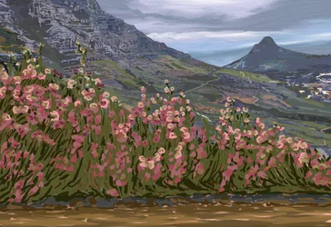 Fjellutsikt med rosa blomster
