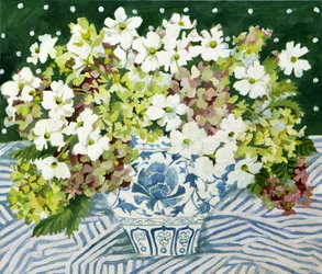 Kosmos og hortensiaer i en kinesisk vase, 2013 (akryl på lerret)