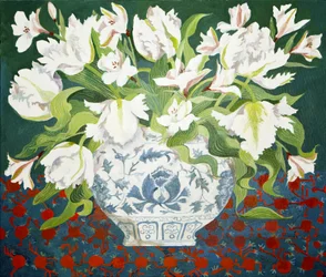 Hvite doble tulipaner og alstroemeriaer, 2013 (akryl på lerret)
