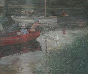 Barn som seiler en yacht (olje på lerret)