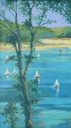 Salcombe gjennom trærne (olje på lerret)