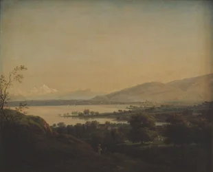 Utsikt over innsjøen Leman mot Mont Blanc og Genève