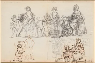 Ulike utkast til en scene fra P.A. Heibergs skuespill "The Dangers of China"