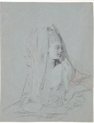 Studie av sittende ung dame med blomster i hendene og slør over hodet.