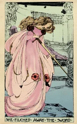 Fairy Morgane stjeler Excalibur for at elskeren hans skal bruke den mot kong Arthur. Illustrasjon av Jessie Marion King (1875-1949) for boken "" The High History of the Holy Grail av Perceval the Welsh, ridder av det runde bordet" av Sebasti