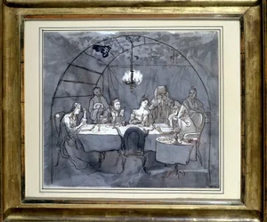 Fête des Cabanes på restauranten Kasher av familien til Moses Ulmann. Tegning på papir, pennevask i 1831 35,5 x 31,3 cm. (JM 189) Jødisk museum Basel, Sveits.