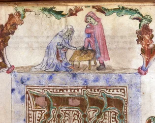 Jødedom: Hebraisk ritual for fotvask (ablusjon) av den reisende. Miniatyr fra et hebraisk manuskript fra 1300-tallet. Biblioteca Palatina, Parma
