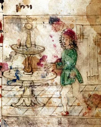 Jødedom: rituell avvasking. Miniatyr hentet fra en side av en Machazor på hebraisk. 1400-tallet. Biblioteca Palatina, Parma