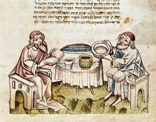 Jødedom: "" to rabbinere feirer påske med seremonien for Seder"" Miniatyr fra en Mahzor (bønnebok på hebraisk) Parma fra 1400-tallet, Biblioteca Palatina