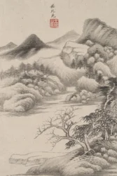 Landskap i stil med forskjellige gamle mestere: I stil med Dong Yuan, 1669 (blekk og farger på papir)