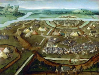 Tidlig nederlandsk kunst: La bataille de Pavie - Slaget ved Pavia par Patinier (Patenier ou Patinir), Joachim, tilhenger av , ca 1530. Olje på tre, 31x41. Kunsthistorisk museum, Vienne