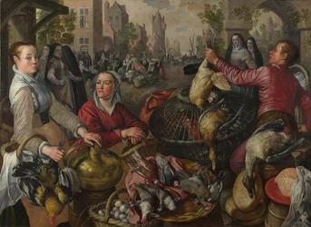 De fire elementene: luft. Et fjærfemarked med den fortapte sønnen i bakgrunnen, 1569