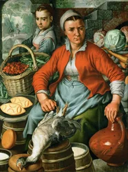 Tidlig nederlandsk kunst: markedskvinne, ca. 1561 (olje på tre)