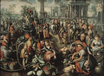 Scene de marche avec Ecce Home, la flagellation et le Christ portant sa Croix - Markedsscene med Ecce Homo, flagellasjonen og korsbæringen, av Beuckelaer, Joachim (ca. 1533-1574). Olje på tre