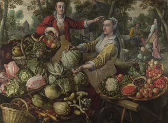 De fire elementene: Jorden. Et frukt- og grønnsaksmarked med flukten til Egypt i bakgrunnen - av Beuckelaer (Beuckelaer), Joachim (1533-1574) - 1569 National Gallery, London