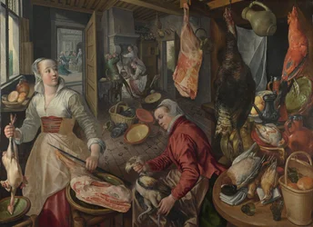 De fire elementene: Brann. En kjøkkenscene med Kristus i huset til Martha og Maria i bakgrunnen - av Beuckelaer (Beuckelaer), Joachim (1533-1574) - 1569 National Gallery, London