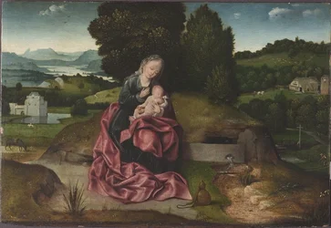 Le repos pendant la fuite en Egypte - The Rest on the Flight into Egypt, av Patinier (Patenier, Patinir), Joachim (ca. 1480-1524). Olje på tre. Mål: 21,5x31 cm. Nationalmuseum Stockholm