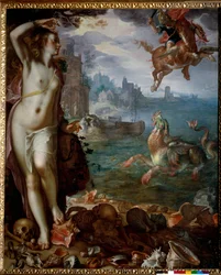 Perseus redder Andromeda lenket på en stein. Heltene, klatrer på Pegase, kjemper mot et marinemonster. Maleri av Joachim Wtewael (1566-1638) (Ec. Hol.) 1611 Søn. 1,8x1,5 m