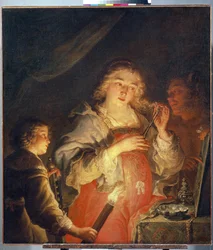 Allegori om forfengelighet. En ung kvinne med blondt hår klipper en hårlokk med en saks foran et speil som holdes av en mann, et barn tenner henne med en lommelykt. Maleri av Joachim von Sandrart (1606-1688), i dag