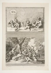 øvre halvdel: A River God og Putti leker med symbolene for berømmelse nederste halvdel: The Punishment of Cupid
