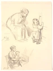 To figurstudier. Over, en sittende kvinne som ser på et barn ved en dør; under, en kvinne med et banner ved pianoet