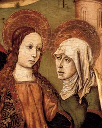 Altertavle av besøkelsen, The Virgin meets Elizabeth, detalj, ca. 1488-1516 (tempera på tre)