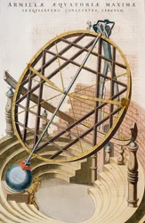 Stor ekvatorial armillarkule designet av Tycho Brahe, illustrasjon fra Le grand atlas ou Cosmographie blaviane (Atlas Maior), av Joan Blaeu, gravering, Nederland