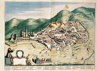 Kart over Assisi fra Theatrum civitatum et admirandorum Italiae, av Joan Blaeu, gravering