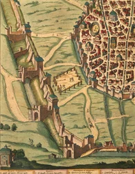 Kart over Bologna, fra Theatre of the City of Italy, detalj av Joan Blaeu, gravering