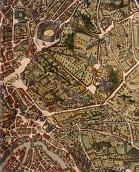 Kart over Roma, av Joan Blaeu (1596-1673), trykk fra Theatrum Civitatum et Admirandorum Italiae, ad Aevi Vetis et Present Temporis Faciem Expressum, Italia