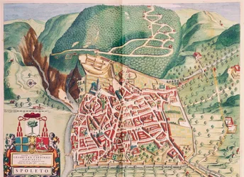 Kart over Spoleto fra Theatrum civitatum et admirandorum Italiae, av Joan Blaeu, gravering