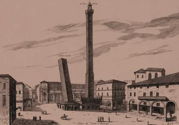 De to tårnene (Asinelli og Garisenda), Bologna, Bologna, Emilia-Romagna, Italia, kobberstikk, ca 21x29 cm