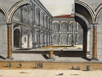 Utsikt over den indre gårdsplassen til det gamle universitetet i Bologna, Joan Blaeu, gravering, Italia