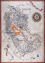 Kart over den arabiske halvøy, med vindrose og detaljer om havner og havkyster, i Atlas de Joan Martines