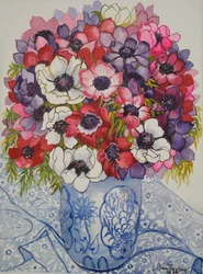 Anemoner i en blå og hvit gryte, med blå og hvit tekstil, 2000,