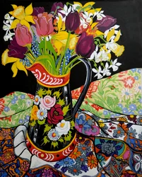 Kanalbåtmugge, påskeliljer og tulipaner, 2005 (gouache)