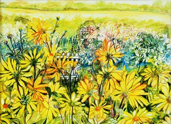 Cottage Gate sett gjennom Sun Daisies, 2005, (vannfarge)