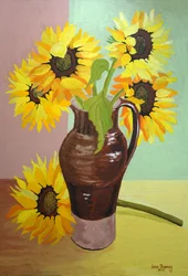 Fem solsikker i en høy brun kanne, 2007 (gouache)