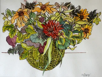 Rudbeckia med løvverk i kurv, 2011, (penn, blekk og akvarell)