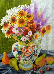 Viktoriansk kanne med blandede blomster, pærer og kirsebær, 2010, gouache