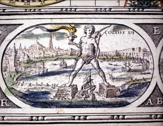 Representasjon av antikkens syv underverker: Kolossen på Rhodos. i Atlas of Jansson Jannsonius trykt i Amsterdam i 1630. Privat samling.